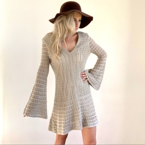 Dresses & Skirts - Bell Sleeve Crochet Chantilly Knit Tan Dress New M